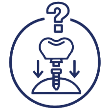Dental implant diagram showing tooth structure with question mark and directional arrows in circle.