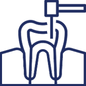 Dental tool examining cross-section of tooth with root canal treatment illustration