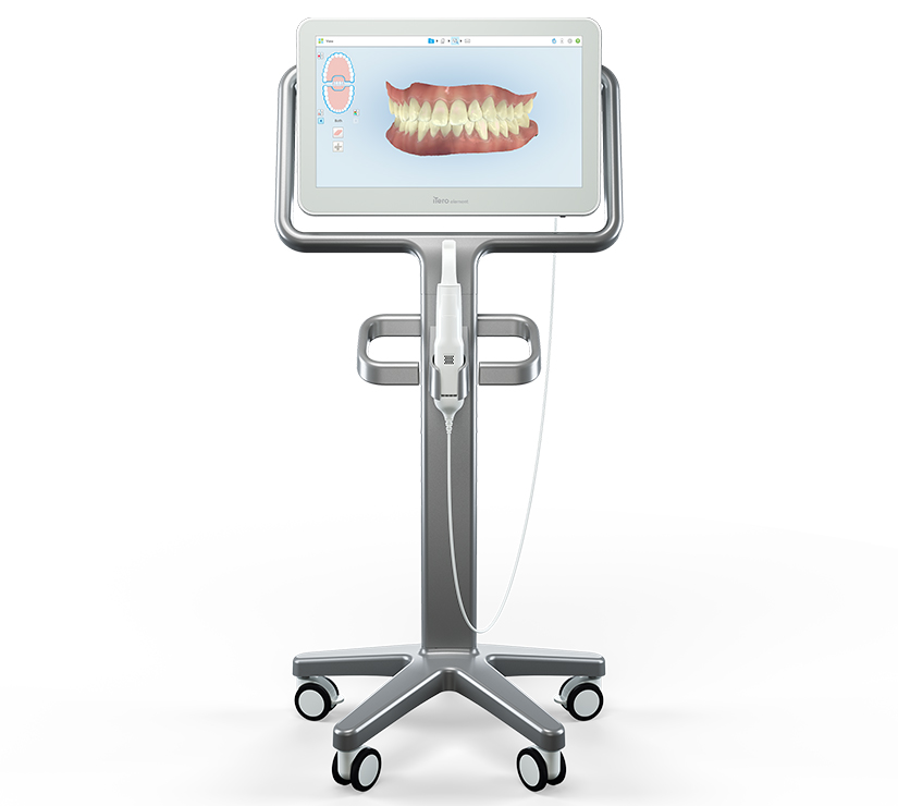 Dental imaging monitor on mobile stand displaying teeth scan for patient consultation.